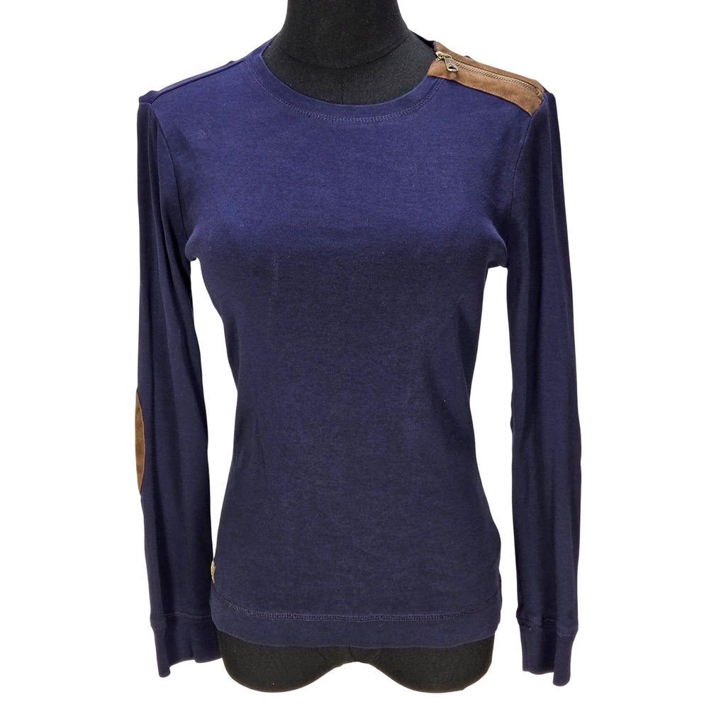 Women's Lauren Ralph Lauren Small Navy Blue Elbow Patch Shoulder Zip Top